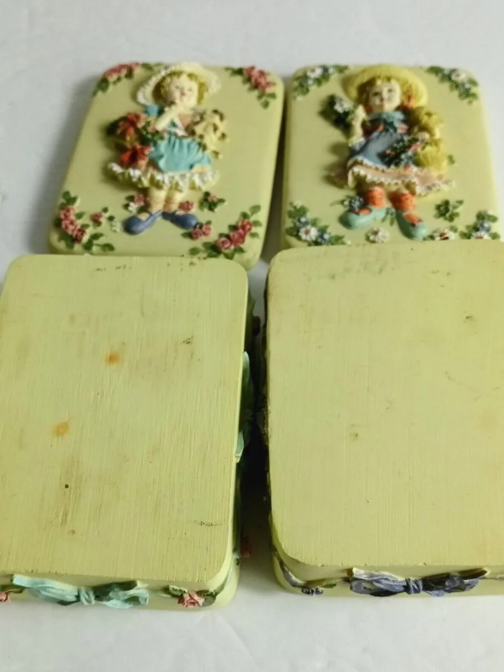 Pair of Vintage Yellow Rectangular Trinket Boxes with Raised Girl & Floral Desig